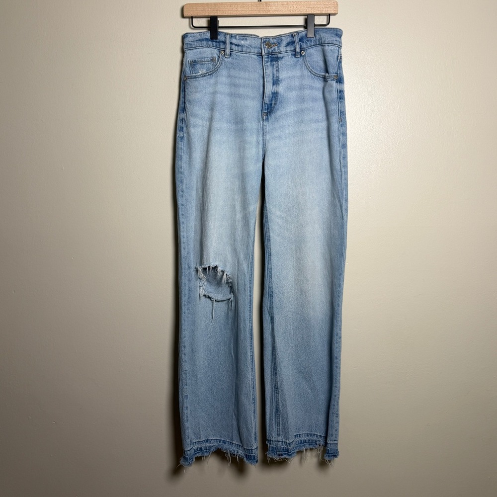 LOFT Women Cotton The Wide Leg Jeans 4 Blue Distressed Raw Hem High Rise